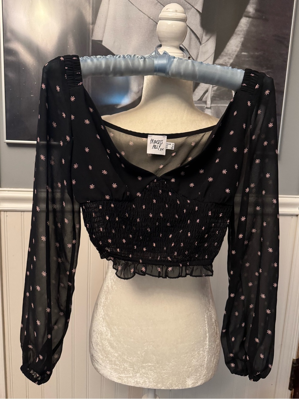 Princess Polly Black Long Sheer Sleeves Cropped Top Size 0 Floral Cottagecore
